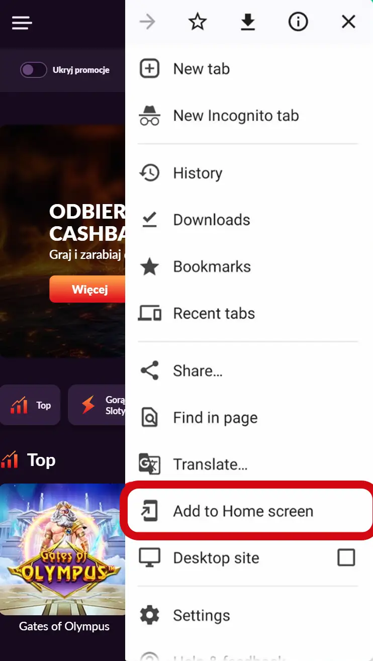 Dodawanie Fireball Casino do ekranu głównego Android
