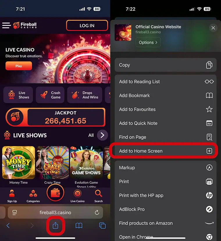 Dodawanie Fireball Casino do ekranu głównego iOS
